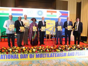 Dignitaries on stage at the Indian Economic Trade Organization (IETO)event celebrating the United Nations International Day of Peace and Multilateralism