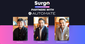 Image showcasing 3 partners of Surgo Studios with a text announcing that they are partnering with the Automate Show 2024