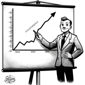 Cartoon image of a person giving a presentation. The chart takes an upward spike in 2024 and the graph is labeled "Transparency".