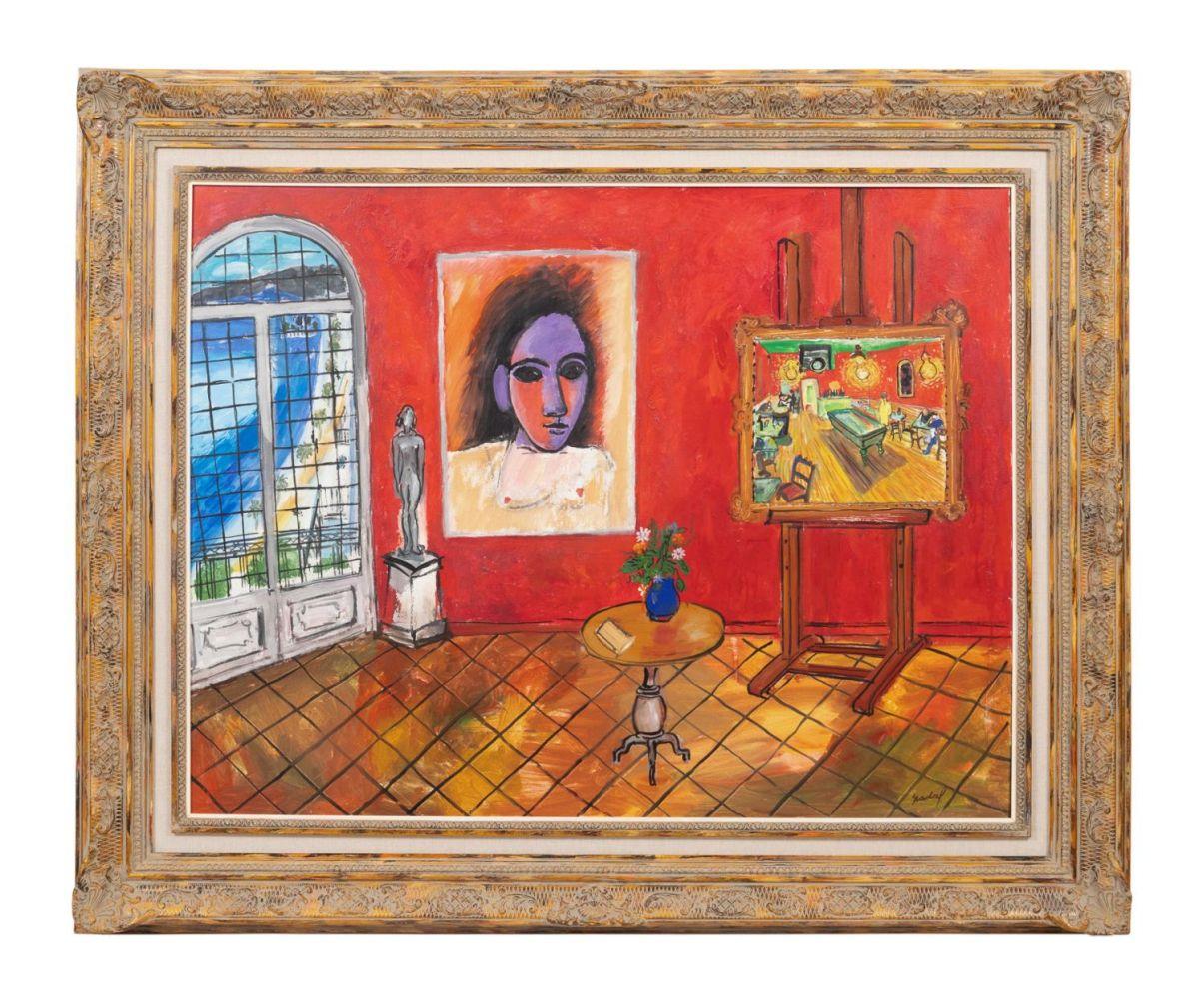 Oil on canvas painting by Carlos Nadal (French, 1917-1998), titled Salon Rojo, signed lower left and titled, signed and dated to verso, one of several works by Nadal in the auction (est. $25,000-$35,000).