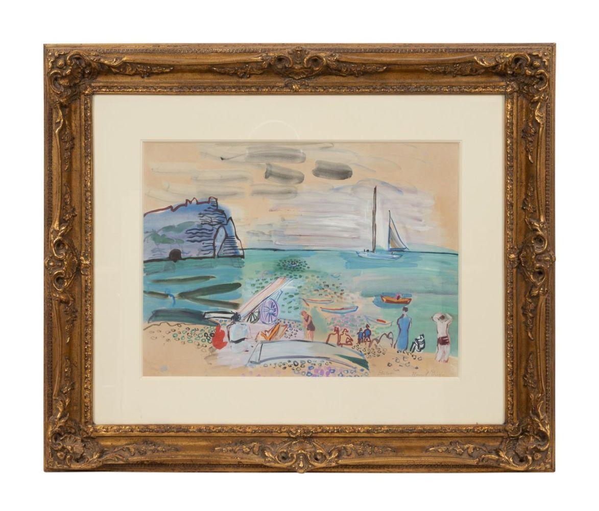 The several paintings in the sale by Raoul Dufy (French, 1877-1953) include this gouache and watercolor on paper titled La Plage d’Etretat (Etretat Beach), titled and signed (est. $20,000-$30,000).