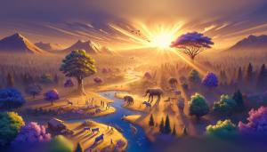 A sunset on ArkChainGo's planet showing its rich biodiversity