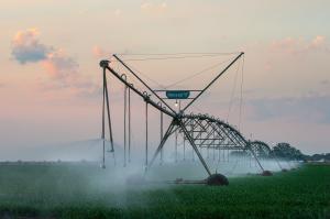 Image shows an irrigation systems over a green field in Zambia.