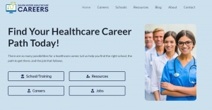A screen shot of Salem Keizer Healthcare Careers website homepage, light blue color with corner logo featuring a computer screen with a green stethoscope and the worlds Salem Keizer Healthcare Careers.  There are seven words on the top of the screen, repr