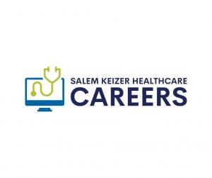 a graphic representation of a computer monitor in blue with a lime green stethoscope on the right it reads in black ink Salem Keizer Healthcare and below is the words CAREERS in capital letters