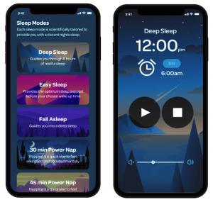 Two images of a mobile phone screen showing the SleepEngine app sleep programmes