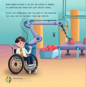 Color cover showing boy in wheelchair programing a robot in a factory