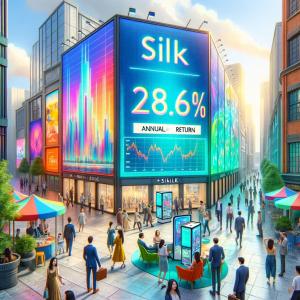 This image features a large, colorful digital billboard showing Silk and 28.6% annualized return, set in an urban environment bustling with diverse people engaging with interactive digital kiosks. The scene is dynamic and accessible, filled with elements