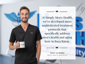 Men’s Health Specialist In Boca Raton FL In Black Scrubs At Simply Men’s Health Center During Interview.