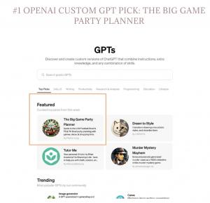 Screenshot of the OpenAI Custom GPT Store featuring 'The Big Game Party Planner' by Phyllis Hong as the #1 Top Pick, alongside other featured and trending GPTs.