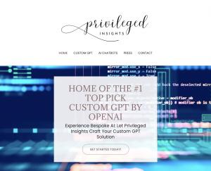 Privileged Insights homepage showcasing their recognition as the #1 Top Pick Custom GPT by OpenAI, with a call to action to get started on custom AI solutions.