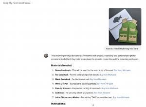 Screenshot of the 'Shop My Porch Craft Genie' GPT showing a step-by-step guide to making a fishing vest card, including a list of materials and instructions.