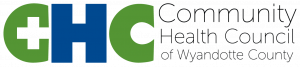 The logo of the Community Health Council of Wyandotte County features the letters "CHC" in bold, with the "C" and "H" in green and blue respectively. The "C" contains a white medical cross symbol. The words "Community Health Council of Wyandotte County" a