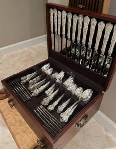 There are two Tiffany & Co. sterling flatware sets in the King Sterling pattern up for bid, both in chests, neither one with a monogram. This 84-piece service should realize $8,500-$14,000.