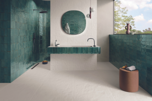 A green and white tiled bathroom featuring TESUQUE tile