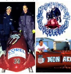 Greg Speirs with Prince Albert of Monaco  with another Olympics creation for the Prince's  Monaco Olympics bobsled team Nagano Japan Winter Olympics and 1995 Bobsled World Cup in Calgary, Canada. The sleds came with matching T-shirts for the team. Shown i