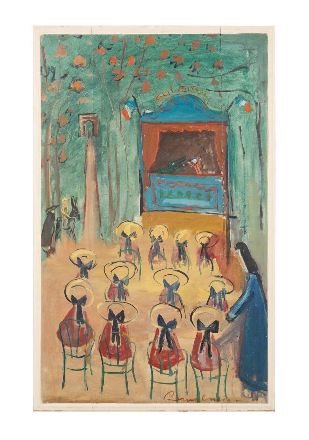 Oil on canvas laid to board by Ludwig Bemelmans (Austrian-American, 1898-1962), titled Puppet Show. It was one of three Belemans in the auction, all of which bested high estimates ($57,500).