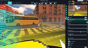 The image shows a software package placing a lidar sensor on a vehicle in a city