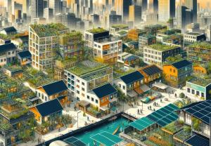 A graphic depicting a city with futuristic green houses with green roofs.