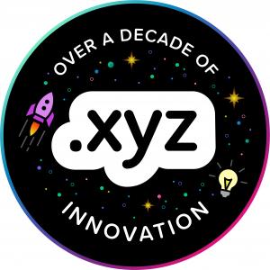 .xyz logo on a black background with stars, a rocket ship, and a lightbulb, with text that says over a decade of innovation