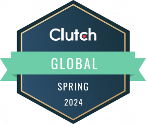 An award badge that reads Clutch Global Spring 2024. The badge features a hexagonal shape with a dark blue background. At the top, the word "Clutch" is prominently displayed in white, with a red dot inside the letter "C". It has a green ribbon across the
