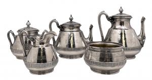 Gorgeous five-piece Tiffany & Company sterling silver tea and coffee set in pattern number 3884 from 1875, in the Aesthetic style, weighing 108.5 troy ounces (est. $5,000-$5,800).