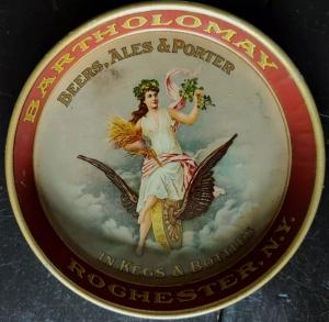 Pre-1905 Bartholomay (Rochester, N.Y.) winged wheel small metal coaster or tip tray (“Beers, Ales & Porter, in Kegs & Bottles”), with a diameter of about 4 ½ inches (est. $300-$500).