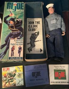 Circa 1964-1969 Hasbro GI Joe action sailor figure with the original box, the figure and box in very good condition considering their age, plus a plastic case (est. $450-$750).