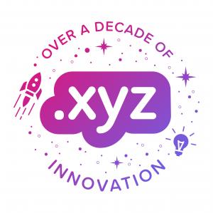 .xyz logo colored with a gradient from pink to purple, surrounded by a rocket ship, light bulb, stars, and the text "Over a decade of innovation"
