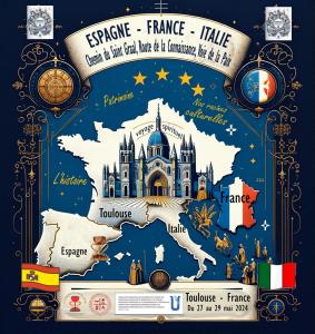 C’est l’affiche de l’événement qui annonce la rencontre à Toulouse sur la présentation de la conférence « Le Chemin du Saint Graal » comme possible Itinéraire Culturel Européen en formation.