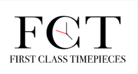 First Class Timepieces Logo. It has FCT at the top, and First Class Timepieces written below. In the C of FCT, there is a tiny clock