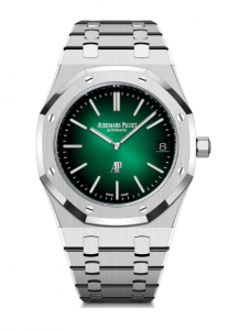 A beautiful silver watch, with a smokey green dial. The dial has silver dashes for the clock face. It says Audemars Piguet in the middle.