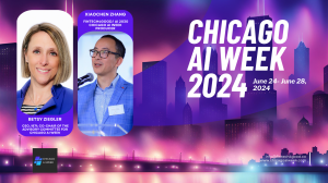 Image 1 (Betsy Ziegler): A professional headshot of Betsy Ziegler, CEO of 1871 and Co-Chair of the Advisory Committee for Chicago AI Week. She is smiling and wearing a blue blazer with a striped shirt underneath, set against a purple background.  Image 2