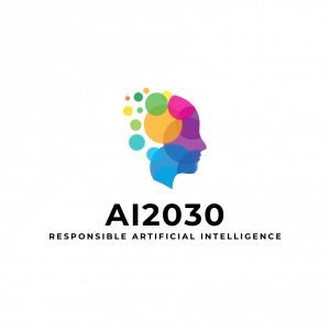 The logo for AI 2030 features a stylized human head silhouette filled with overlapping, colorful circles. The circles range in colors including blue, green, yellow, orange, and pink, representing diverse and interconnected ideas or technologies. The text