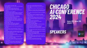 Promotional banner for the Chicago AI Conference 2024, taking place from June 25 to June 28, 2024. The background features a stylized image of Chicago's skyline with vibrant purple and pink hues. The text on the right side of the banner includes the event