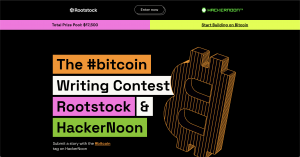 Featured image of the #Bitcoin Writing Contest by Rootstock & HackerNoon featuring the contest logo and text