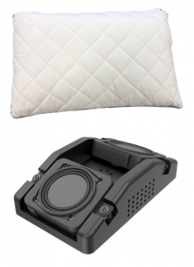 Two images of a pillow and a compact unit containing speakers which together comprise the Mammoth SmartPillow