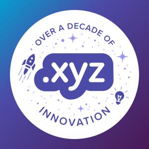 .xyz logo in a white circle with a square background of blue to purple gradient, surrounded by a rocket ship, light bulb, stars, and the text "Over a decade of innovation"