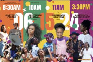 This is a flyer with the schedule for events Starting with an orange strip that shows 8:30am Parade, 10am Festival start time, 11am Kids zone start time and 3:30pm Fashion show start time.