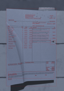 A synthetic invoices that has degradation and has artificial bounding boxes placed on it