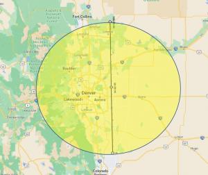 A depiction of the area around Denver impacted by GPS jamming in January 2022
