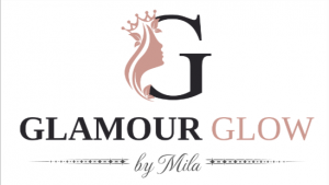 It says Glamour Glow by Mila, glamour is written in black, glow is written in pink. There is a big G with a picture of a woman with a crown