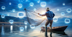 A man wearing a fishing hat stands with one leg in a boat and the other leg in the water, while holding a fishing net. The sky is scattered with glowing blue email notification icons.