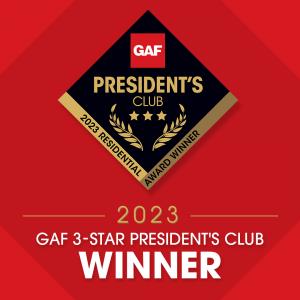 The official logo for 2023 3-Star Presidents Club Award Winner Elite Roof and Solar.  This shows Elite Roof and Solar as a best of the best roofing contractors in the country according to GAF