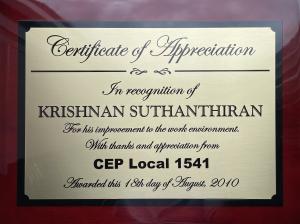 Photo of Plaque of Appreciation from CEP Local 1541