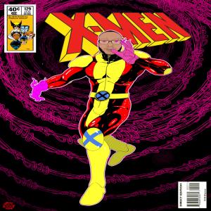 An X-Men comic book cover featuring Ian Royer as a superhero, designed by David Winters. Ian is depicted in a yellow and red superhero costume with the X-Men logo in the background.
