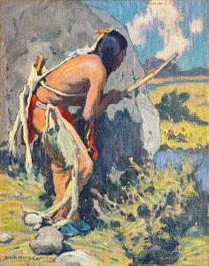 Small, recently unearthed painting by Eanger Irving Couse, titled Turkey Hunter, circa 1926, in original condition, recently added to the artist’s catalog raisonné (est. $15,000-$25,000).