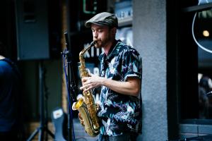 Saxophone performer at Make Music Salem 2023