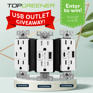 This is a promotional banner announcing Topgreener's giveaway with photos of the USB outlet prizes.
