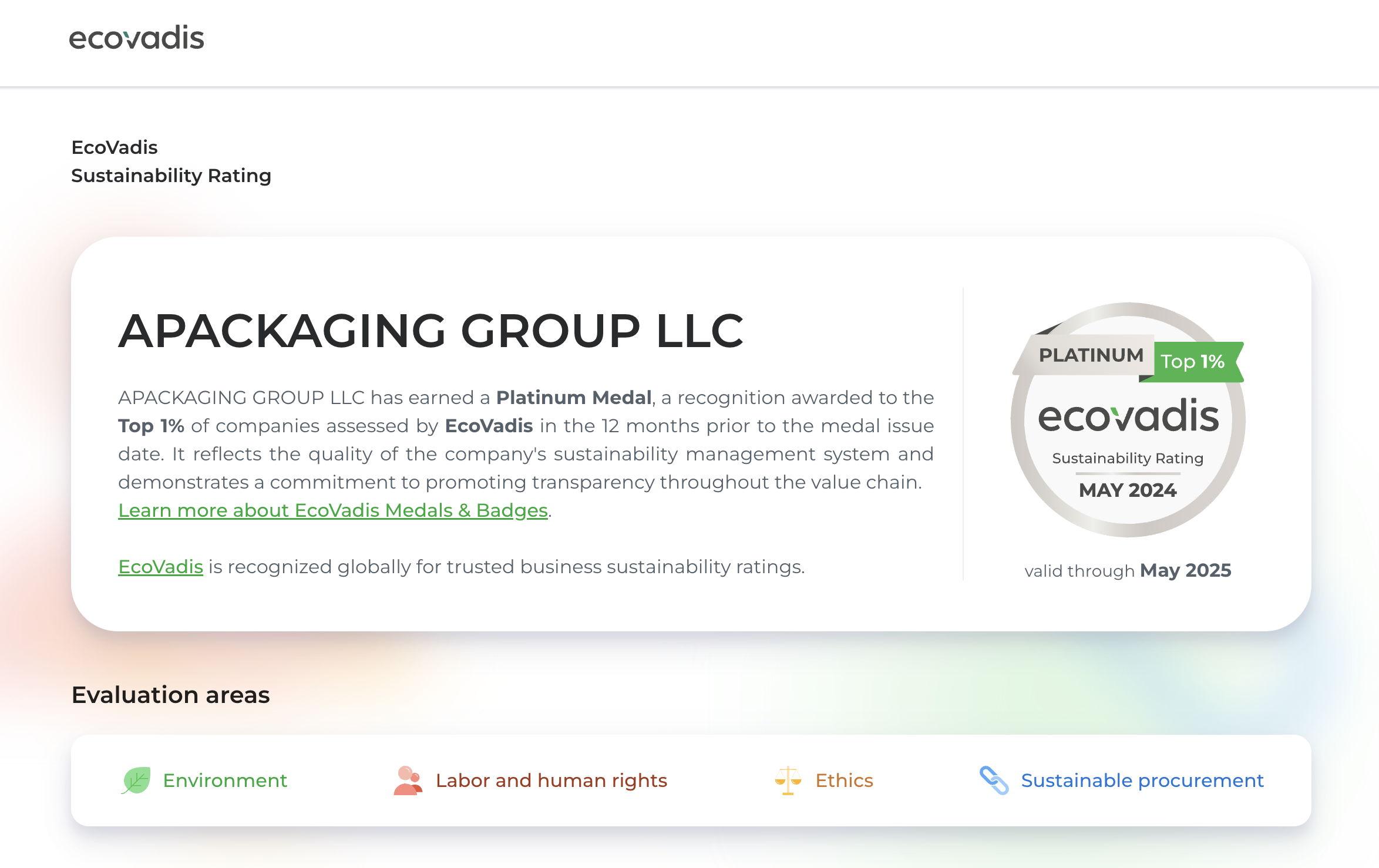 EcoVadis Platinum Sustainability Rating - Top 1%